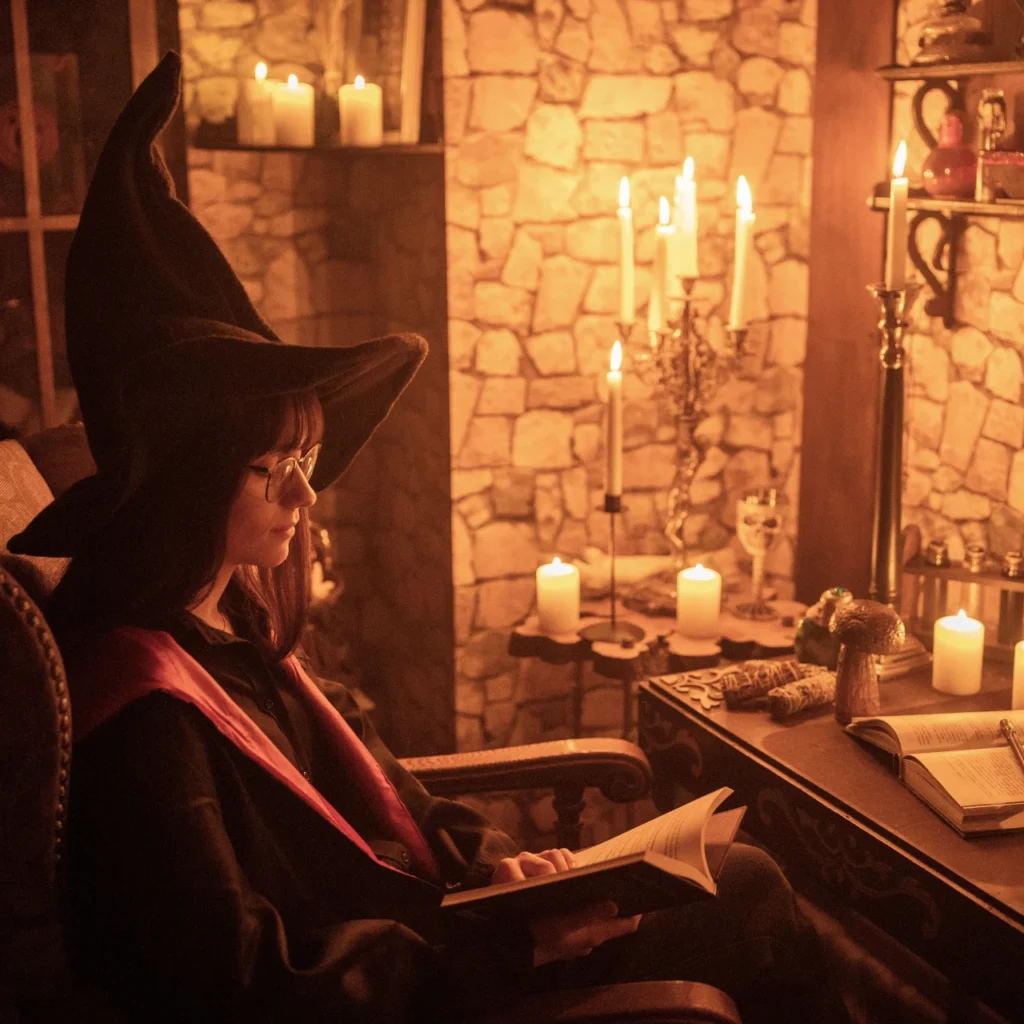 Wnętrze pokoju zagadek stylizowanego na szkołę magii – pomieszczenie wypełnione księgami, magicznymi rekwizytami i tajemniczymi artefaktami. W tle widoczne są półki z eliksirami, świecącymi fiolkami i starodawnymi meblami, a całość oświetla nastrojowe, ciepłe światło, tworzące atmosferę tajemnicy i czarodziejskiej przygody.